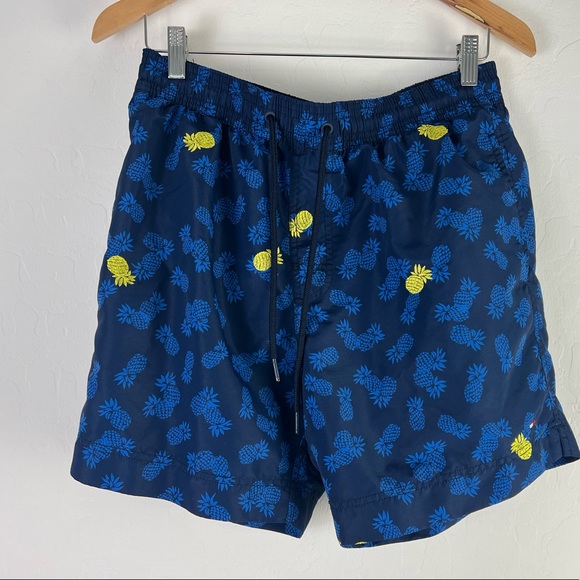 Tommy Hilfiger Pineapple Print Dark Blue Shorts Size Medium Swim Trunks - Picture 2 of 8